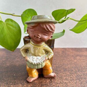Terracotta Clay Succulent Planter Boy Holding Basket